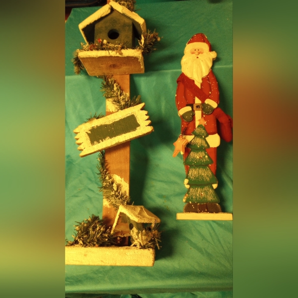 Christmas bird feeder and standing Santa ornament